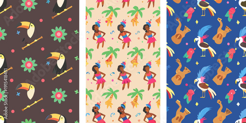 Tropical seamless patterns featuring toucans dancers and musical instruments