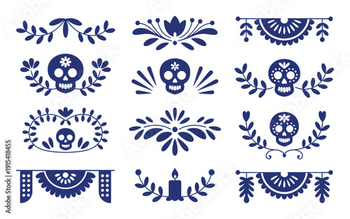 Mexican Decorative Frames and Borders Vector Collection, Colorful Floral Elements, Paper Garlands and Sugar Skull Corners, Festive Design Templates for Invitations and Posters