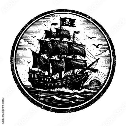 Vintage Woodcut Pirate Ship at Sunset Logo Emblem with Jolly Roger Flag, Sailing on Rough Seas Under Flying Birds, Classic Nautical Adventure Artwork in Circular Distressed Style - Maritime Voyage