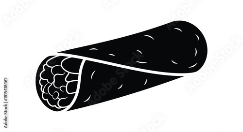 A striking black silhouette depicts a partially unwrapped burrito with visible fillings showcasing a delicious meal silhouette