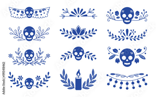 Mexican Decorative Frames and Borders Vector Collection, Colorful Floral Elements, Paper Garlands and Sugar Skull Corners, Festive Design Templates for Invitations and Posters