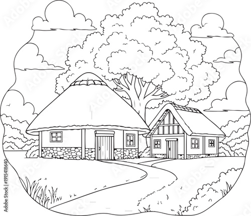 Two thatched roof houses and a large tree in a rural landscape with clouds home countryside village