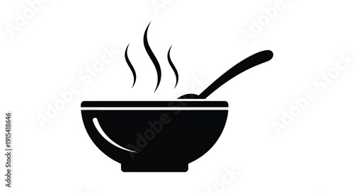 A simple black icon depicts a steaming bowl of soup with a ladle showcasing a clean silhouette