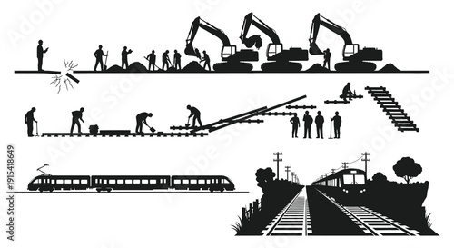 Construction and transportation scenes are depicted in a minimalist black and white illustration a striking silhouette high quality