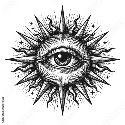 Mystical All-Seeing Eye of Providence Sunburst Engraving: A Vintage Esoteric Symbol of Divine Wisdom, Enlightenment, and Cosmic Awareness, featuring Intricate Rays, Wavy Elements, and Celestial Stars