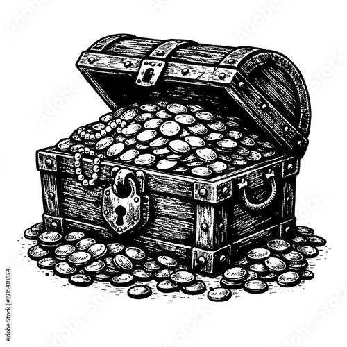 Classic hand-drawn black & white illustration of an open wooden treasure chest, overflowing with gold coins & a pearl necklace, evoking pirate tales, untold wealth, hidden riches, historical prosperit