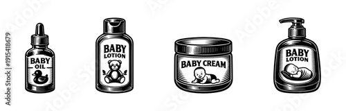 Baby care flat vector icons set: lotion, cream, and oil containers theme
