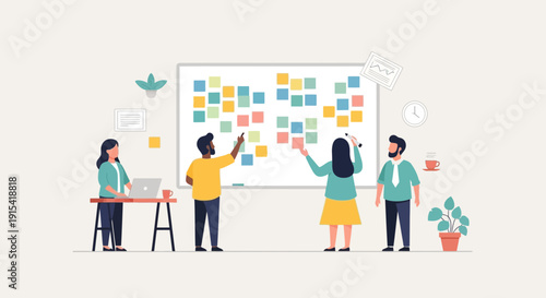 Business Team Collaborating on Agile Project with Sticky Notes on Whiteboard