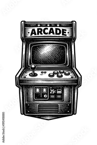Nostalgic Vintage Arcade Machine Art: Classic Black and White Etching of a Retro Video Game Cabinet with Joystick, Buttons, and 25 Cent Coin Slot. Evoking Old School Gaming Memories & Timeless Fun for