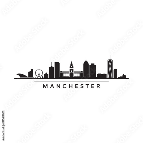 A striking black silhouette of manchester s skyline with city name below