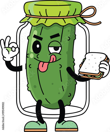 Funny Pickle Cartoon Character Vector Illustration with Glass Jar, Sandwich and Cute Mascot Style for Food Branding and Sticker Design