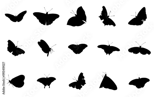 Black butterfly silhouettes collection. Includes 13 different butterfly icons. Created in solid black style on white background.