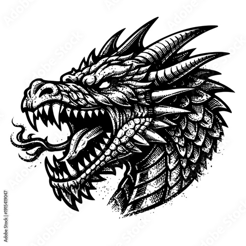 Fierce mythical dragon head roaring with sharp teeth, textured scales, and formidable horns in a striking black and white grunge ink art style. Powerful fantasy beast with an aggressive open mouth, pe