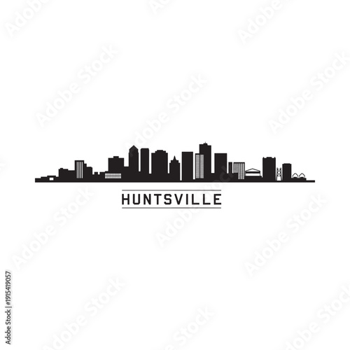 A minimalist black skyline illustration of huntsville alabama with its name