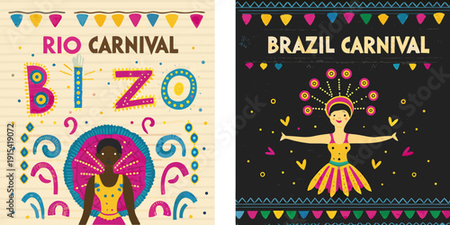 Colorful illustrations depicting rio and brazil carnival themes with dancers
