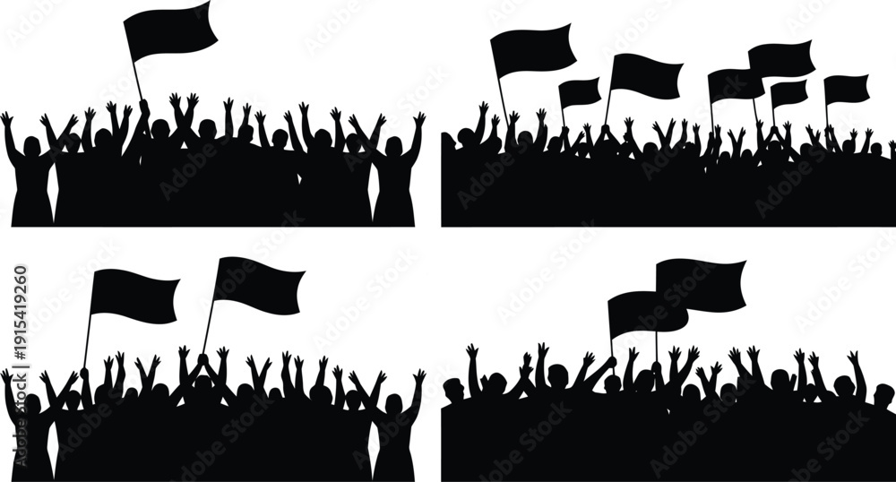 Obraz premium Crowd Silhouettes Waving Flags on White Background