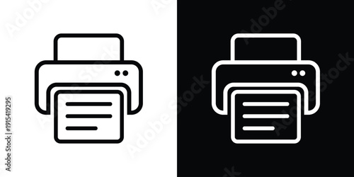 Office printer vector icon set. Outlined black and white hardware symbols with paper. High-quality graphic for print services, document management, and business equipment interface design.