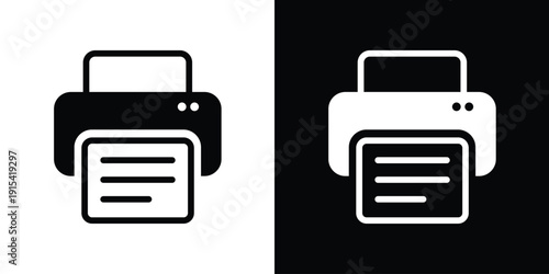 Office printer vector icon set. Outlined black and white hardware symbols with paper. High-quality graphic for print services, document management, and business equipment interface design.