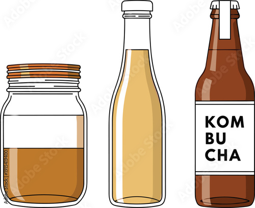 Kombucha Fermented Drink Vector Illustration Set with Glass Jar, Bottle and Craft Beverage Packaging for Healthy Probiotic Lifestyle Design