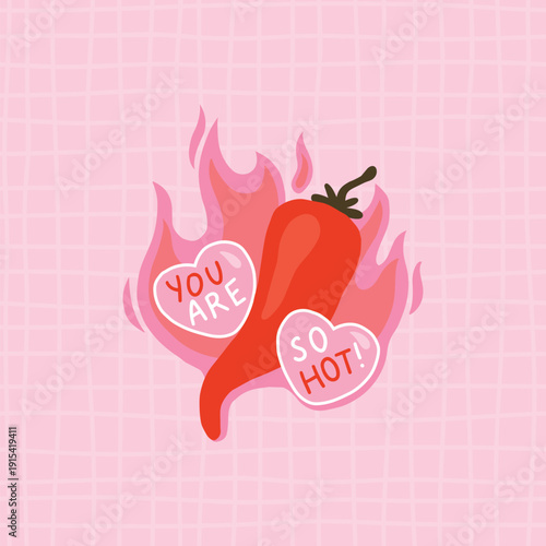 Chili pepper valentine card with red hot chili, fire flames and hearts on a mesh background. Cute cartoon hand-drawn vector illustration for flirty greeting, stickers. Funny silly romantic mood.