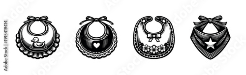 Baby bibs flat vector icons set: cute, decorative, cartoon design illustrations