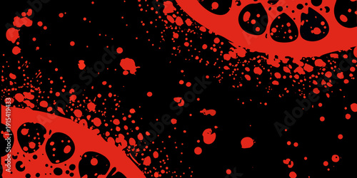 Abstract red splatters and circles on a stark black background