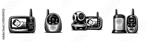 Baby monitor flat vector icons set: audio, video, camera, communication devices collection
