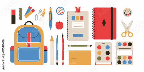 Colorful school supplies arranged in a flat lay composition
