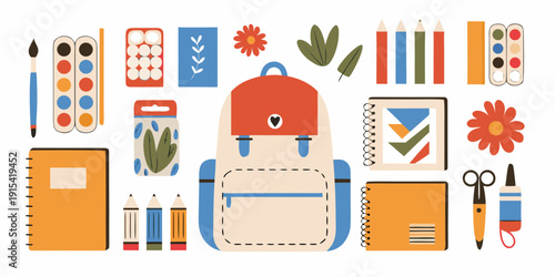 Colorful school supplies and stationery arranged in a playful illustration