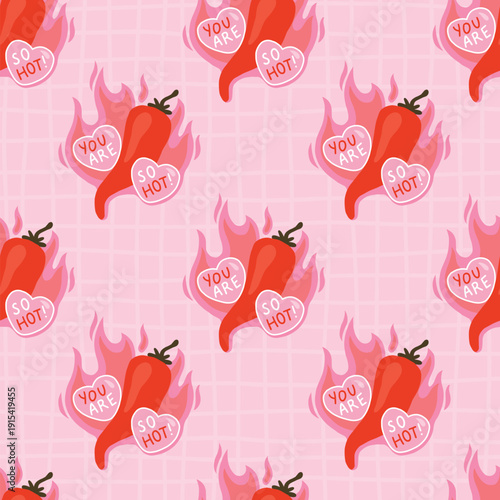 Chili pepper seamless pattern with red hot vegetable, hearts and fire flames on pink grid background. Vector cartoon hand-drawn texture for textiles, fabric, packaging, wrapping paper.