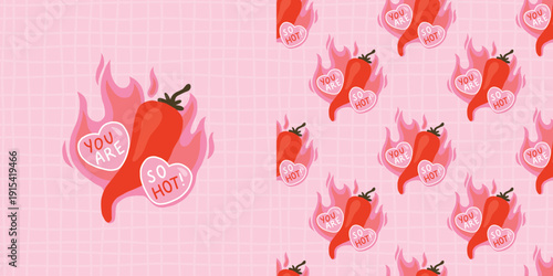 Chili pepper horizontal banner with seamless pattern and isolated valentine element for Valentine's Day. Red hot chili vector illustration for landing page, web design, social media, packaging, set.