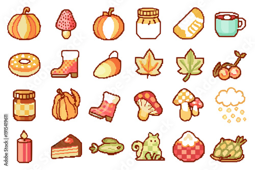 Autumn themed pixel art icons featuring pumpkins mushrooms and fall foliage