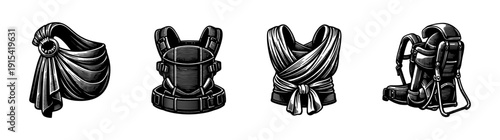 Babywearing flat vector icons set: baby wraps, carriers, and slings collection