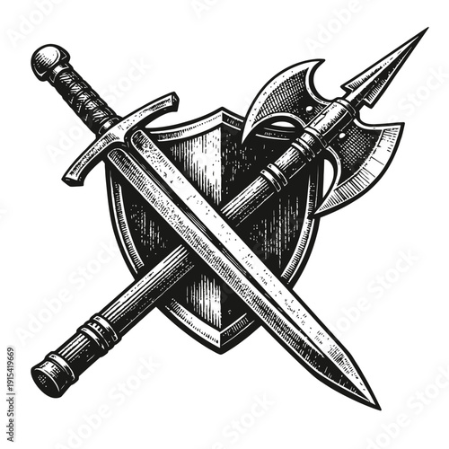 Vintage Engraving of Medieval Shield with Crossed Sword and Halberd - A classic black and white vector illustration in an antique woodcut style, perfect for heraldry, fantasy, and historical themes, s
