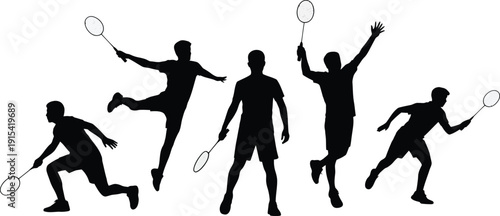 Badminton Players Silhouettes Playing on Court