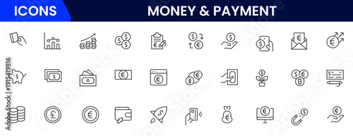 Money and payment are simple, minimal, thin line icons. Related money, credit card, atm, purchase, bill. Vector illustration.