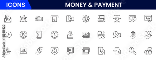 Money and payment are simple, minimal, thin line icons. Related money, credit card, atm, purchase, bill. Vector illustration.