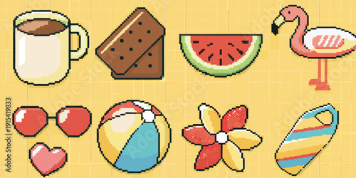 A pixel art illustration featuring summer treats a flamingo and beach accessories on a yellow background