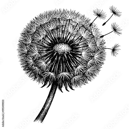 Exquisite black and white botanical illustration capturing a delicate dandelion seed head, commonly known as a puffball, with several fluffy seeds gently dispersing in the breeze, embodying nature's i
