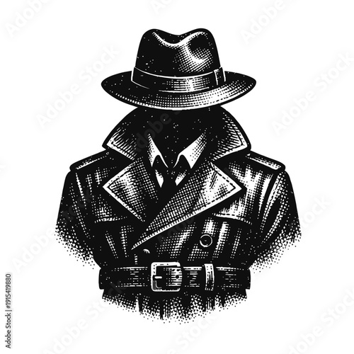 Mysterious black and white engraving. Iconic faceless figure, fedora hat, trench coat, shirt, tie. Vintage detective, spy, secret agent concept. Noir aesthetics, investigation, anonymity, intrigue, es