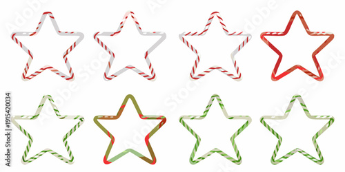 Three candy cane shaped stars in red white and green isolated on a white background