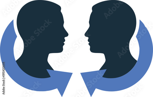 Two Human Silhouettes Facing Each Other with Circular Arrows Symbolizing Communication Exchange and Mutual Feedback Loop Connection