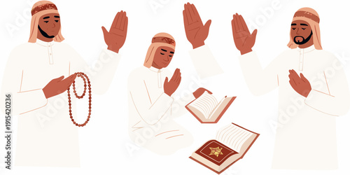 Five men in traditional arab clothing praying with hands raised and holding religious items