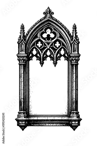 Exquisite Gothic Archway Illustration, Vintage Black & White: An ornate medieval architectural design featuring intricate tracery, elegant columns, quatrefoils, decorative capitals, and soaring pinnac