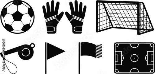 Soccer Football Icons Set with Ball, Goal, Gloves and Whistle, Flags
