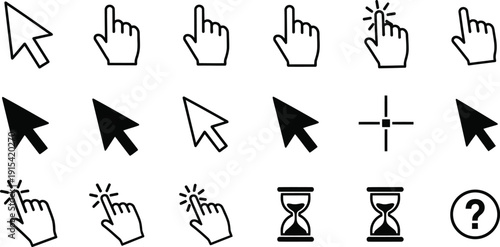 Black and white cursor and hand with various actions and symbols