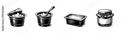 Dairy containers flat vector icons set: yogurt, jars, tubs, packaged food symbols