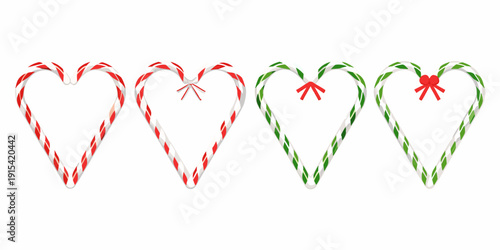 Four candy cane hearts arranged in a row decorated with small red bows for a festive display