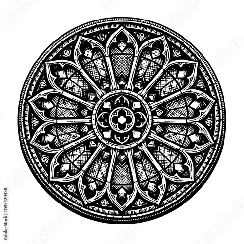 Exquisite Black and White Gothic Rose Window Design: Intricate Radial Pattern, Symmetrical Tracery, and Detailed Architectural Art, Perfect for Historical, Spiritual, and Decorative Themes, Evoking An