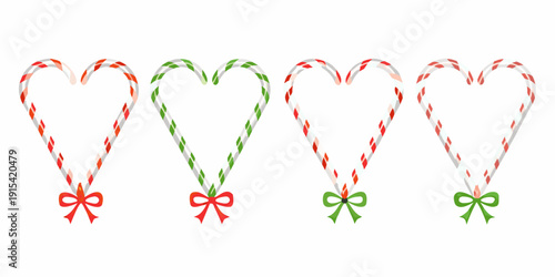 Four red and green candy cane hearts with bows isolated on a white background festive decoration